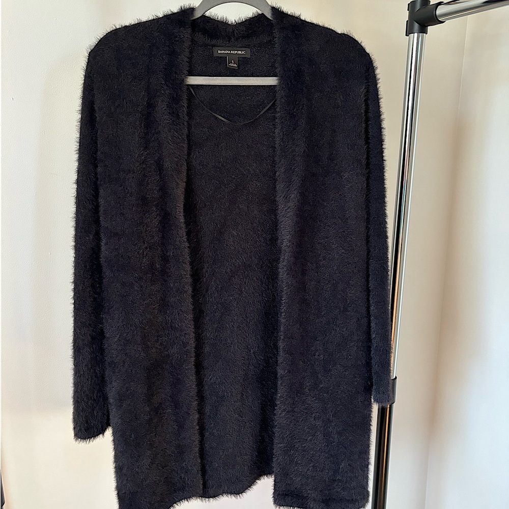 BANANA REPUBLIC Size S Black Fuzzy Faux Fur Eyelack Open Front Cardigan